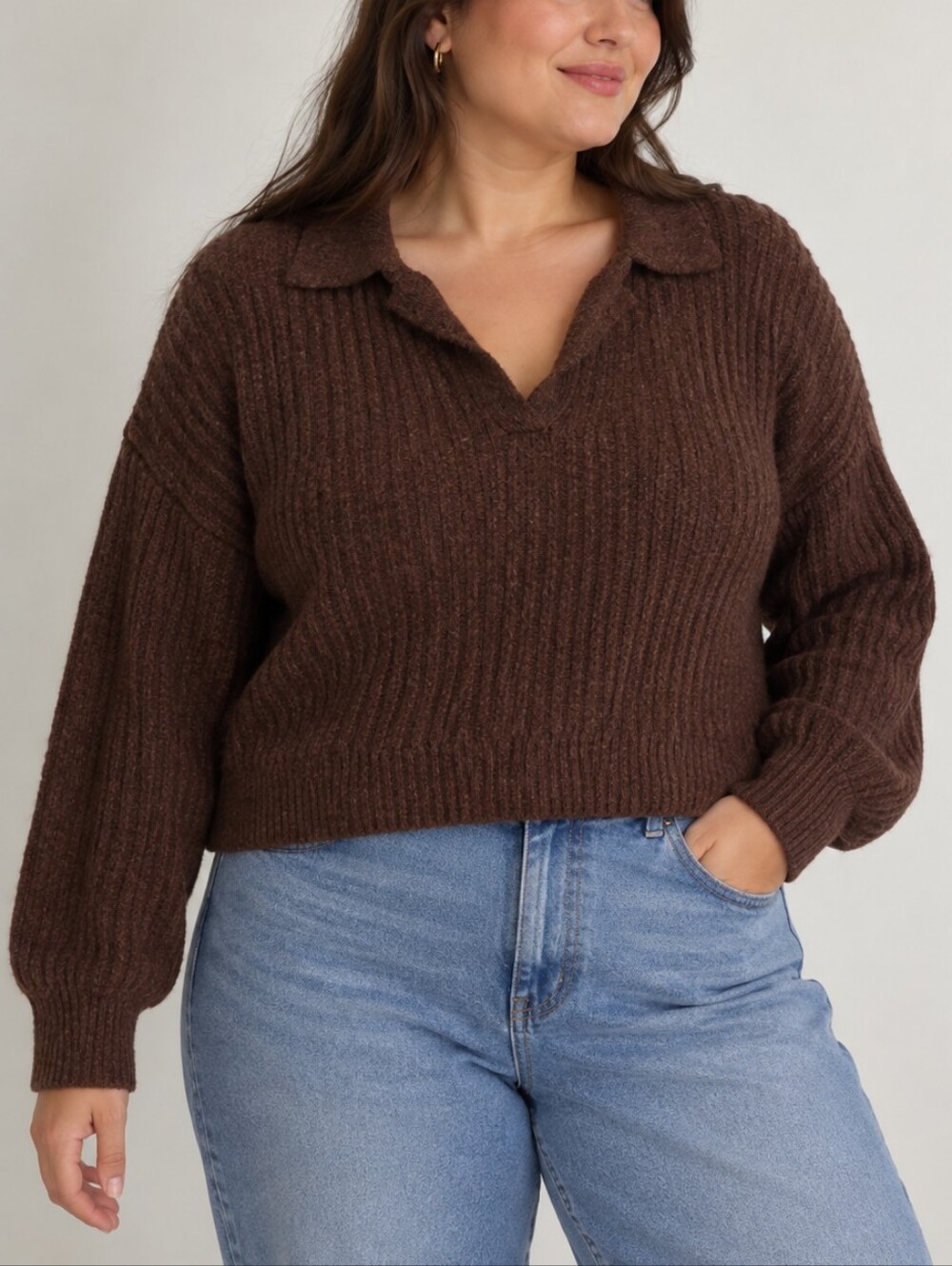 Brown Ribbed Collared V-Neck Women's Sweater